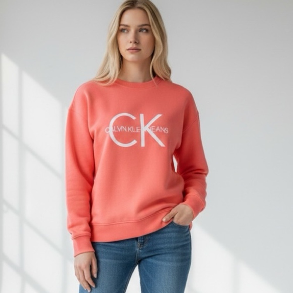 CALVIN KLEIN Crewneck Sweatshirt Women’s Size XL Coral with White Letter…